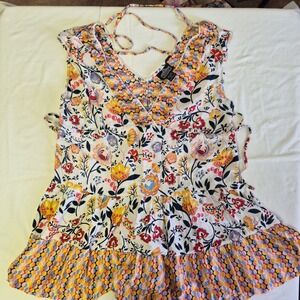 Angie Floral Boho Women's Large Mini Dress Mixed Media Festival Tie Back